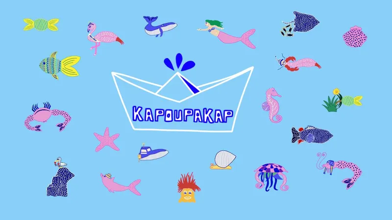 Comptines de la Mer — le bateau KapoupaKap entouré d'animaux marins illustrés : baleine, sirène, hippocampe, méduse, poissons, crabe et flamant rose