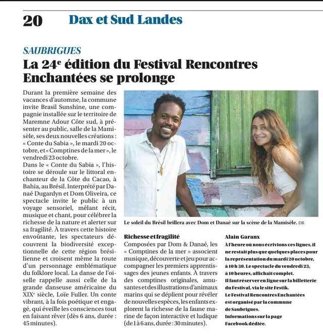 Article de presse Sud Ouest sur le Conte du Sabiá et les Comptines de la Mer au Festival Rencontres Enchantées de Saubrigues