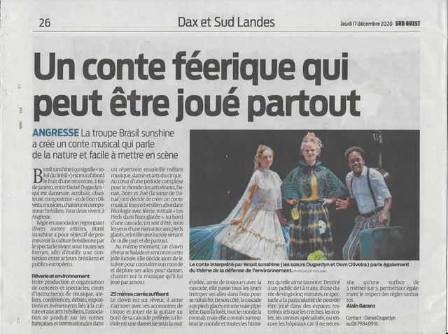 Article Sud Ouest sur le spectacle Les Pieds dans l'Eau Glacée de Brasil Sunshine à Angresse